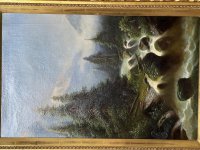 Старинная картина. Пейзаж с горной рекой