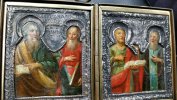 СКЛАДЕНЬ ЛАТУНЬ С ИКОНАМИ В СЕРЕБРЯНЫХ ОКЛАДАХ